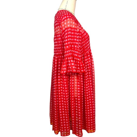 ASOS Women's Red Gingham 3/4‎ Sleeve Crew Neck Back Keyhole Smock Dress Size 6 - Picture 2 of 7